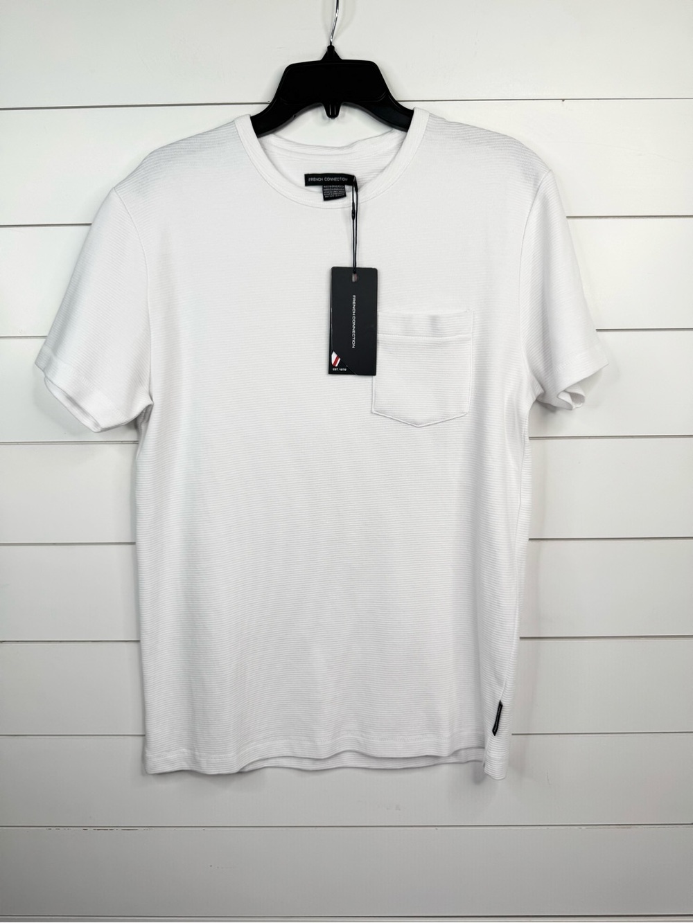 French Connection FCUK Men's T-Shirt White Crew Neck Chest Pocket Size M Texture